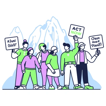 A group of activists is standing together in front of a melting glacier. They are holding signs with various messages about climate change. One sign reads, "Save Our Planet," while another says, "Act Now!" The activists wear casual clothing, and some have hats and scarves. The glacier in the background shows clear signs of melting, with water trickling down its surface. The scene captures the determination of the group as they raise their voices for environmental action.