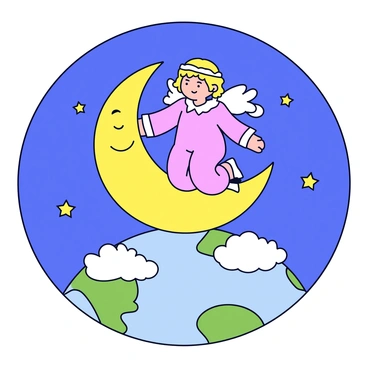 A vintage angel with delicate wings is perched on a smiling crescent moon. The angel has flowing robes that billow softly in the night breeze. The moon's surface is textured with subtle craters and a soft glow radiates from it. Below, the earth is visible, depicted in shades of blue and green, with swirling white clouds. The angel gazes downwards, with a serene expression, as stars twinkle around the moon in the deep blue sky.