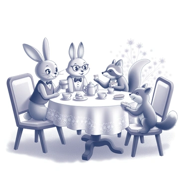 A variety of animals sitting at an elegant table set for a tea party. A rabbit wearing a small waistcoat and monocle is pouring tea from a delicate teapot into a teacup. A fox dressed in a bowtie is holding a sandwich, while a raccoon in a small dress is animatedly chatting with a squirrel who is wearing a tiny hat. The tablecloth features intricate patterns, and the table is adorned with a selection of pastries and teacups. The garden is filled with various flowers, creating a vibrant and lively atmosphere surrounding the gathering.