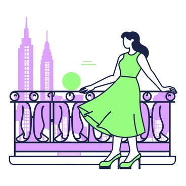 A woman is standing on a balcony with a railing that has intricate designs. She is wearing a stylish dress that flows gently with the breeze. Her hair is styled elegantly, flowing down her shoulders. The balcony offers a view of a bustling cityscape in the background, where several art deco skyscrapers rise sharply against the sky. The buildings feature geometric shapes and ornate details, showcasing their unique architectural style. In the distance, a sunset casts a warm glow over the city, highlighting the silhouettes of the skyscrapers. The woman leans slightly against the railing, gazing intently at the scene before her.