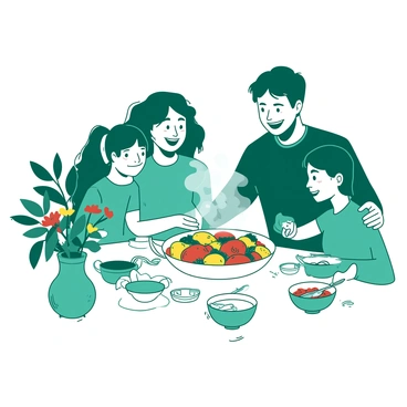 A teal happy family is gathered around a white dining table. There are four family members: a woman with long hair, a man with short hair, a young girl with pigtails, and a teenage boy. They are all smiling and looking at a large, round white dish filled with colorful ratatouille in the center of the table. The dish is steaming, and there are several bowls and utensils around it. The table has a white tablecloth, and there are vibrant flowers in a small teal vase, adding life to the scene. Soft light is illuminating the joyful atmosphere as the family shares this moment together.