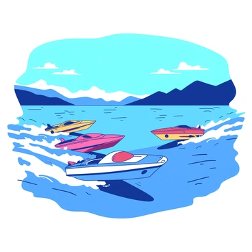 Several speedboats in vibrant colors are racing across a shimmering blue lake, creating splashes of water as they cut through the surface. The boats are in various dynamic positions, showcasing their speed and agility. The clear blue sky overhead is the perfect backdrop, reflecting off the water and enhancing the lively atmosphere of the scene. In the distance, gentle hills frame the lake, providing a sense of depth to the image.