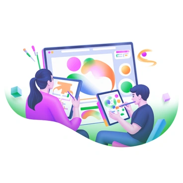 A modern pastel illustration showcasing two illustrators working together on a digital art project. One illustrator is seated on the left, holding a tablet and stylus, focused on their screen, with colorful sketches displayed. The second illustrator is on the right, also using a tablet, with a variety of vibrant colors and design elements visible on their screen. In the center, there is a large digital canvas displaying a collaborative artwork in progress, with tools like paintbrushes and color palettes scattered around. Soft lighting enhances the creative atmosphere in the workspace.