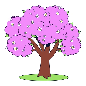 A large flowering tree with a sturdy trunk and vibrant pink blossoms. The tree is in full bloom, with clusters of flowers covering the branches. Delicate petals are gently falling to the ground, creating a soft carpet of pink on the grass below. The leaves are a bright green, complementing the colorful flowers. The scene conveys a sense of growth and renewal.