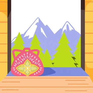 A colorful yoga bag resting on a wooden cabin porch. The yoga bag has intricate patterns in bright colors. In the background, tall mountains rise majestically, their peaks capped with white snow. A few green pine trees frame the sides of the porch, and the sun is shining brightly, casting soft shadows on the wooden planks of the porch.
