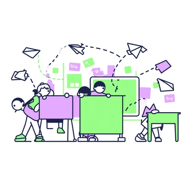 Students hiding behind desks as paper airplanes fly around the room