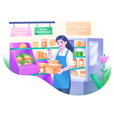 A smiling salesperson is restocking shelves in a friendly neighborhood grocery store. The salesperson is wearing a bright blue apron and is placing colorful boxes of cereal on a shelf. Various products are neatly arranged on the shelves around them, including fruits, vegetables, and canned goods. The store has warm lighting, and there is a small display of fresh flowers in the corner. A sign hanging from the ceiling reads "Welcome to Your Neighborhood Grocery!" in cheerful letters.