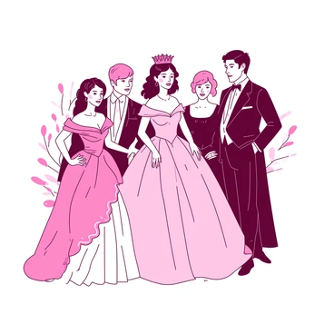 A duotone illustration shows a royal family portrait. The scene captures several family members dressed in elegant ball gowns and sharp suits. The gowns are flowing with intricate designs, some adorned with lace and shimmer. The suits are fitted, showcasing rich fabrics and stylish accessories. In the center, a regal figure stands confidently, with a crown adorned on their head. Surrounding them are other family members, each displaying a unique and elegant pose. There are hints of opulent jewelry glimmering under the light. The background features soft, decorative elements that complement the formal attire of the royal family.