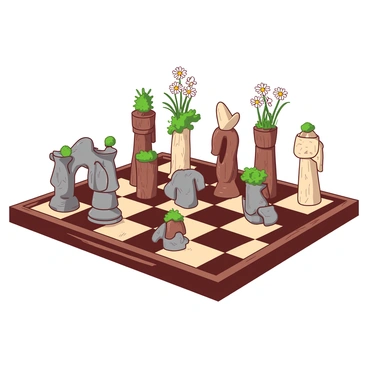 A set of chess pieces crafted from various natural elements is displayed on a wooden chessboard. The pawns are made from smooth, polished stones, varying in shades of gray and brown. The rooks resemble sturdy tree trunks, with bark texture, and are capped with vibrant green moss. The knights are carved from light-colored wood, showcasing intricate details that mimic the flowing mane of a horse. The bishops are adorned with delicate flowers, with petals in a bright yellow hue, arranged around their upper parts. The queens are elegantly shaped from larger pieces of wood, stained a deep rich brown, and the kings feature a small cluster of tiny white daisies atop their heads. The overall arrangement creates a natural and harmonious scene, emphasizing the beauty of these organic materials.