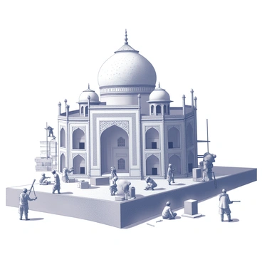 A large construction site featuring the Taj Mahal in the process of being built. The iconic dome is partially formed, surrounded by scaffolding and wooden supports. Several workers are visible, wearing traditional attire, actively engaged in various tasks. Some are lifting heavy stone blocks, while others are carefully chiseling intricate designs into the facade. Tools and construction materials are scattered around, contributing to the industrious atmosphere of the scene. The backdrop includes a clear sky, allowing natural light to illuminate the majestic architecture taking shape.