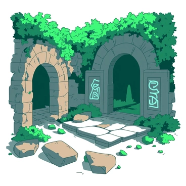 The ancient ruins of Arnor are depicted with crumbling stone walls partially covered in lush green vines. The stones are weathered and have an earthy texture, showcasing the passage of time. Scattered among the ruins are mysterious symbols carved into the surfaces, glowing faintly with a teal hue. Sunlight filters through the dense foliage overhead, casting intricate shadows on the ground. In the foreground, a few large stones lie scattered, hinting at a long-lost structure, while the background reveals more overgrown arches leading into the depths of the ruins.