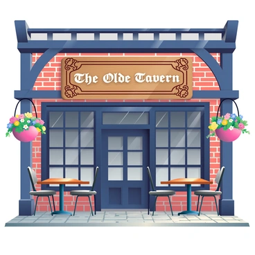 A classic British pub facade is prominently displayed, featuring dark wooden beams and a brick exterior. The entrance is adorned with a large, intricately carved wooden sign that reads "The Olde Tavern" in elegant lettering. Colorful hanging flower baskets filled with vibrant blooms are suspended from the eaves, adding a touch of charm. In front of the pub, there are several rustic wooden tables accompanied by chairs, inviting patrons to sit outside. The scene is framed by a cobblestone pathway leading to the entrance. Sunlight casts gentle shadows, creating a warm and inviting atmosphere.