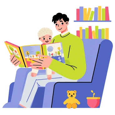 A parent with short brown hair sits on a comfortable blue armchair, holding a colorful storybook open. The parent is wearing a cozy green sweater and has a gentle smile. An infant with soft, curly hair is sitting on the parent's lap, wide-eyed and gazing at the pages of the storybook. Bright illustrations of animals and trees are visible in the open book. A small plush toy, a teddy bear, is resting on the armchair beside them. The room has a warm ambiance, with soft, dim lighting and a shelf filled with more children's books in the background.