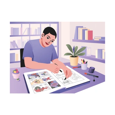 A digital flat illustration depicting an artist sitting at a desk, intently drafting comic panels. The artist has short dark hair and is wearing a blue t-shirt. On the desk are various drawing tools, including markers and a sketchpad. The sketchpad is opened to a page showing several comic panels filled with dynamic action scenes. One panel features a superhero flying through a city, while another shows a character leaping over a building. Dialogue bubbles are sketched in, indicating conversations between characters. The background includes shelves filled with art books and a window that lets in natural light. A potted plant sits on the desk, adding a touch of greenery to the workspace.