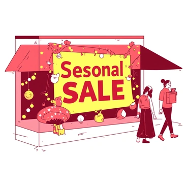 A large banner is displayed outside a store, showcasing bright designs that capture the essence of the season. The banner features "Seasonal Sale" prominently in the center, surrounded by various festive elements. Colorful ornaments and patterns adorn the edges of the banner, creating a vibrant border. The overall color scheme includes a combination of red and yellow, enhancing the festive atmosphere. The banner is gently fluttering in the breeze, attracting the attention of shoppers passing by.