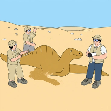 A group of paleontologists wearing light-colored hats and safety glasses are carefully unearthing a large spinosaurus fossil at a sandy desert excavation site. The fossil, with its distinct elongated spine and large skull, is partially exposed in the sand. One paleontologist is gently brushing sand away with a small brush, while another records details in a notebook. A third paleontologist holds a camera, capturing the moment. In the background, a clear blue sky stretches above, and scattered rocks and sparse desert vegetation frame the scene.