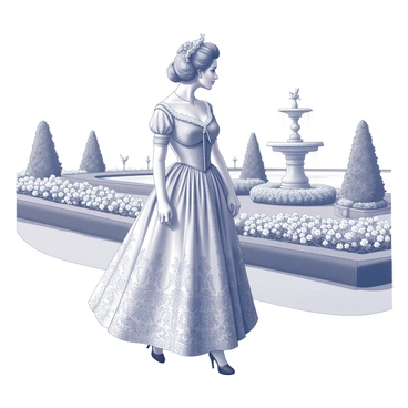 Marie Antoinette is depicted walking gracefully through a meticulously manicured garden in Versailles. She is wearing an elegant, elaborate dress with an intricate floral pattern, adorned with lace and ribbons. The garden is filled with a variety of flowers, showcasing a lush display of blooms arranged in symmetrical patterns. There are neatly trimmed hedges and ornamental fountains visible in the background, enhancing the grandeur of the setting. Birds can be seen fluttering among the flowers, and a soft breeze appears to ruffle her dress gently. The scene captures a moment of leisure and beauty in the opulent surroundings.