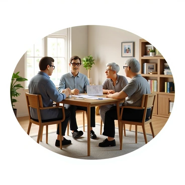 A retirement planner with short brown hair and wearing a light blue dress shirt sits at a wooden table. He is holding a pen and gesturing towards a financial document spread out in front of him. Across from him sits an elderly couple, the man with gray hair and glasses, wearing a plaid shirt, and the woman with short white hair, dressed in a floral blouse. They both look engaged, with the woman leaning slightly forward, listening intently. The background features warm lighting, a bookshelf filled with books, and family photographs on the wall, creating a cozy and inviting atmosphere. A potted plant is placed on the table, adding a touch of greenery to the scene.