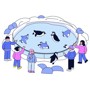 Visitors are standing in front of a large glass viewing area at Asahiyama Zoo in Hokkaido. Some visitors are pointing and smiling, while others are leaning closer to the glass. In the water, a group of playful penguins is swimming and diving. Several penguins are also sliding on the ice and flapping their wings. The enclosure is surrounded by rocks and snow, creating a cold climate atmosphere. The sky is clear, allowing sunlight to illuminate the scene.