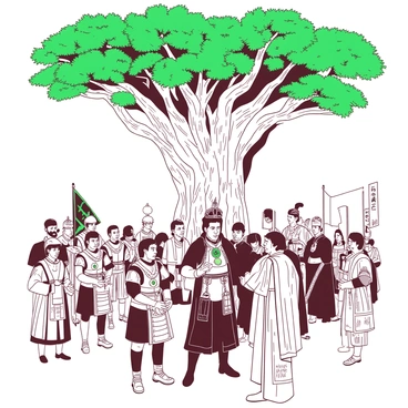 A grand tree with thick, gnarled branches is the centerpiece of the scene, its leaves a vibrant shade of green. Underneath the tree, a group of warriors stands proudly, dressed in ornate armor that reflects their achievements. Each warrior holds a medal in their hands, their expressions filled with honor and pride. A ceremonial figure, dressed in rich traditional garb, is presenting the medals to the warriors, a look of respect on their face. In the background, other participants in the ritual are gathered, some with banners and others in ceremonial attire, all witnessing the moment of recognition. The atmosphere is filled with a sense of reverence and celebration.