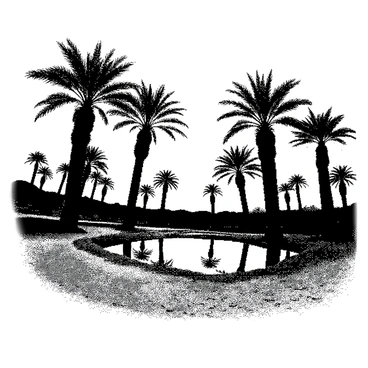 A desert oasis is depicted with several tall palm trees surrounding a small pond. The pond's surface is smooth, mirroring the shape of the palm fronds above it. The ground is filled with sandy textures. The scene captures the silhouette of the palm trees in contrast to the pond, while the horizon features a simplified representation of a setting sun.