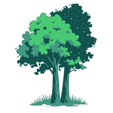 Two tall trees with thick trunks and vibrant green leaves are leaning towards each other, creating a sheltered space between them. The branches are intertwined, suggesting a sense of intimacy as if they are "whispering secrets." The night sky is visible above, filled with twinkling stars. A gentle breeze rustles the leaves, adding a dynamic quality to the scene. Soft shadows are cast on the ground, where grass sways slightly in the wind.