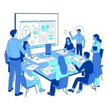 A blue product owner stands at the front of a room, gesturing enthusiastically while explaining ideas to a group. In the center, several groups are gathered around large white paper sheets spread out on tables. Each group consists of diverse individuals, actively discussing and writing notes on the paper. Various colorful markers are scattered around the tables, and some participants are standing, pointing at ideas on the paper, while others are seated, focused on brainstorming. The atmosphere is lively, with a sense of collaboration and creativity in the air.