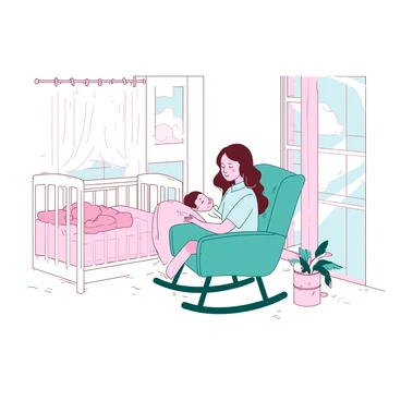 A white nursery room filled with soft, pastel-colored decor. In the center, a parent with long brown hair is gently rocking a sleeping baby in a teal rocking chair. The parent is dressed in a light blue shirt and is lovingly looking down at the baby. A white crib is situated nearby, adorned with a cozy blanket and a small plush toy resting on the mattress. Soft light from a nearby window casts a warm glow, creating a peaceful atmosphere in the nursery.