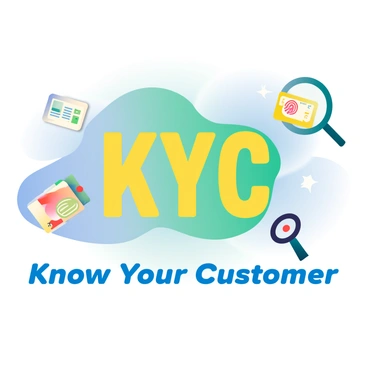 A poster features bold graphics highlighting the importance of "KYC" in large, eye-catching letters at the center. The background has a gradient blend of blue and green colors, creating a dynamic visual effect. Surrounding the text are various icons representing identity verification, such as an ID card, a fingerprint, and a magnifying glass. Each icon is designed with sharp lines and vibrant colors to enhance visibility. At the bottom of the poster, the phrase "Know Your Customer" is displayed in smaller, but still prominent, lettering, creating a strong message about awareness and responsibility.