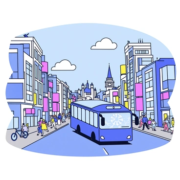 A shuttle bus with a bright blue exterior is driving through a bustling city street. The bus has large windows and visible passengers inside. On both sides of the street, there are tall buildings with glass facades and colorful signage. Iconic landmarks such as a tall clock tower and a historic cathedral can be seen in the background. There are people walking on the sidewalks, some carrying shopping bags, and a few bicycles parked nearby. The sky is clear with a few fluffy clouds, adding to the lively atmosphere of the city.
