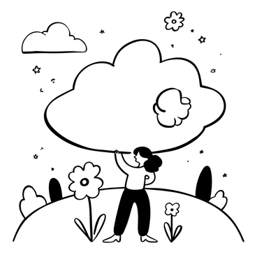 A girl with long hair is embracing a fluffy cloud that is floating above a grassy hill. The cloud is large and puffy, with soft contours. Around her, various dream-like elements are present, including oversized flowers and twinkling stars scattered in the background. The girl is wearing a flowing dress that billows slightly in the breeze. In the distance, there are rolling hills that add depth to the scene. The overall composition is filled with a sense of wonder and imagination.