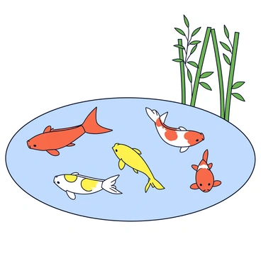 A group of koi fish in various colors, including orange, white, and yellow, swimming gracefully in a clear pond. The surface of the water reflects the surrounding environment. Tall bamboo plants rise from the edges of the pond, their green leaves creating a lush backdrop. The scene is filled with rich details, such as gentle ripples in the water and shadows cast by the bamboo.