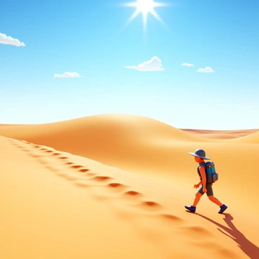 A 3D human figure wearing a lightweight trekking outfit, equipped with a backpack and a wide-brimmed hat. The figure is making its way across large, undulating sandy dunes. The sun is shining brightly overhead, casting defined shadows on the rippled surface of the sand. The sky is clear with a few scattered clouds, and the horizon stretches far into the distance, highlighting the vastness of the desert landscape.