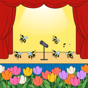A large stage set in a vibrant garden, illuminated by bright sunlight. Bees wearing tiny colorful costumes are buzzing and singing joyfully in a musical performance. Some bees are perched on a miniature microphone, while others are dancing in synchronized movements. The background is filled with oversized flowers in various colors, creating a lively floral audience, with petals turned toward the stage as if they are clapping. The scene captures the essence of a grand opera, with a whimsical atmosphere and cheerful expressions on the bees’ faces.