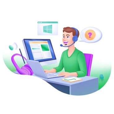 A friendly tech support agent sitting at a modern desk, wearing a headset and smiling while speaking on the phone. The agent is surrounded by a computer with the Microsoft software interface visible on the screen, along with a tablet and some notes. The customer is represented by a speech bubble coming from the phone, showing a question mark. The background includes soft pastel colors, creating a welcoming atmosphere.