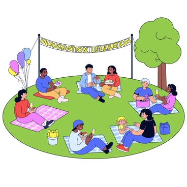 A community picnic taking place in a park, featuring a large green grass area. Several diverse families are gathered together, enjoying the festivities. There are picnic blankets spread out on the grass, adorned with colorful patterns. In the background, trees provide shade, and a few balloons in various colors are tied to picnic tables. Families are sharing food from baskets, with items like sandwiches, fruits, and drinks visible. Some children are playing games, while adults engage in conversations, creating a lively atmosphere. A banner in the background reads "Inauguration Celebration" in bright, cheerful letters.