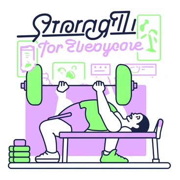 A retro-style advertisement poster featuring a barbell bench press exercise. In the center, a strongman in a tank top is lying on a bench, lifting a heavy barbell above his chest with visible effort. He has a determined expression on his face, showcasing his muscular arms. To the left, there are weights stacked on the floor, highlighting the intensity of the workout. The background features a vintage gym setting, complete with old-school fitness posters on the wall. Above the scene, the words "Strength Training for Everyone" are displayed in bold, eye-catching typography.