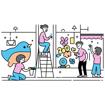 A Paris street scene, with several artists engaged in creating colorful murals and street art on the walls of buildings. One artist on a ladder is painting a large blue and orange mural of a bird, while another artist kneels down, working on a vibrant floral design. A third artist is using spray paint to add bright geometric patterns on a nearby wall. The cobblestone street is lined with small cafés, and a few people are observing the artists at work, adding to the lively atmosphere.