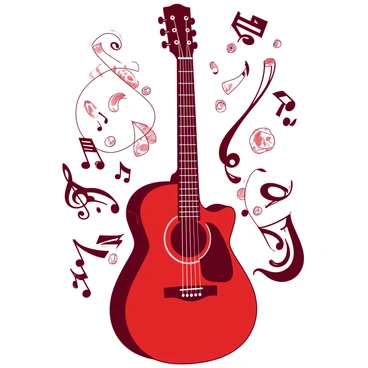 A red acoustic guitar is positioned at the center of the image, showcasing its glossy finish and detailed wood grain. Surrounding the guitar are various black musical notes, elegantly swirling and floating in the air, creating a sense of rhythm. Interspersed among the musical notes are symbols associated with Linkin Park, including stylized logos and imagery that reflect the band's identity. The background is a subtle blend of red and black, enhancing the striking appearance of the guitar and the surrounding elements.