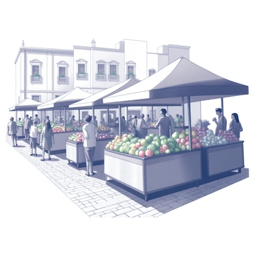 A bustling market scene filled with various stalls. Each stall showcases an array of "illustrations of fruits" and "vegetables" displayed prominently. The stalls are made of wooden structures with colorful canopies overhead. People are browsing around, some examining the produce while others are engaged in conversation. The ground is paved with cobblestones, adding a rustic feel to the market ambiance. In the background, there are tall buildings with small balconies and potted plants. Sunlight filters through the canopies, casting intricate shadows on the ground.