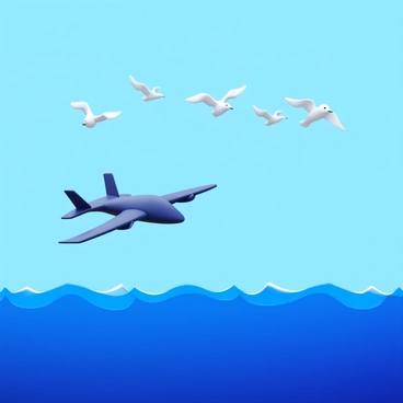 A navy drone flying high above a vast ocean. The drone features a sleek, aerodynamic design with a dark blue color scheme. Below, the ocean displays deep blue waves with white foam caps. Nearby, a flock of seagulls glides through the air, their white feathers stark against the blue sky. The scene captures the dynamic movement of both the drone and the seagulls in a clear, sunny day.