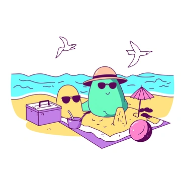A teal sweet potato wearing a small straw hat is sitting on a yellow beach towel, while holding a tiny red umbrella. Next to it, a yellow sweet potato is wearing sunglasses and building a sandcastle with a purple bucket and shovel. In the background, the ocean waves are gently lapping at the shore, and a playful seagull is flying overhead. Nearby, a pink beach ball is partially buried in the yellow sand, and a small cooler is sitting next to the teal sweet potato.