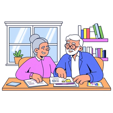 An older couple sits together at a wooden desk in a cozy home office. The woman has gray hair pulled back in a bun, and she wears reading glasses as she smiles. The man, with a short white beard, leans over a document spread out on the desk, pointing to it while he smiles. There are colorful charts and graphs on the table. The background features bookshelves filled with books and a small potted plant on the windowsill providing a touch of greenery. A soft light filters in through the window, creating a warm atmosphere.