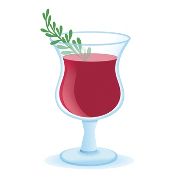 A fancy beetroot cocktail is displayed in a stylish glass with a unique shape. The deep red liquid of the cocktail contrasts beautifully against the glassware. Fresh herbs are used as garnish, with vibrant green sprigs carefully placed on the rim of the glass. The drink is set on a sleek surface that enhances its elegance, with subtle reflections from the glass highlighting the cocktail's rich color.