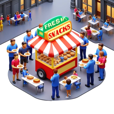 A street food vendor cart with a colorful awning, offering various snacks. The cart is adorned with vibrant signage displaying "Fresh Snacks" in bold letters. Multiple people surround the cart, some holding plates of food, while others are interacting with the vendor. A diverse group of individuals, including men and women of different ages and ethnicities, are engaged in lively conversation. The background features a busy city square with tall buildings and bustling pedestrians. There are tables and chairs set up nearby, filled with more people savoring their treats. Bright lights illuminate the scene, creating a lively atmosphere.