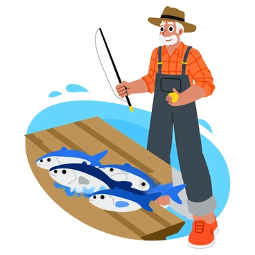 A fisherman with a weathered face and a broad smile stands proudly next to his catch of the day, which includes several shiny fish with scales glimmering in the light. The fish are arranged on a rustic wooden table, showcasing their vibrant colors, from deep blue to bright silver. The fisherman wears a plaid shirt and a wide-brimmed hat, and he holds a fishing rod in one hand, while the other hand rests on the table. In the background, a hint of a serene lake can be seen, complementing the scene.