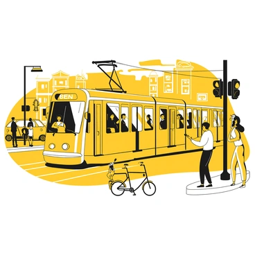 A city tram car with a sleek design, painted in yellow, is approaching a busy intersection. The tram has large windows, and the doors are open, displaying passengers inside. The driver is focused, pulling the brake lever. In the foreground, people are waiting on the sidewalk, some looking at their phones while others are engaged in conversation. A cyclist is seen in the bike lane, and a few cars are stopped at a red light. Street signs and traffic lights are visible, while buildings line the sides of the street, adding to the urban atmosphere.