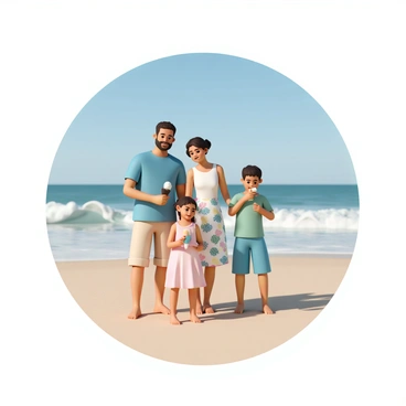 A family of four is standing on the sandy beach, enjoying ice cream cones. The father is wearing a blue t-shirt and khaki shorts, holding a chocolate ice cream cone. The mother, dressed in a white tank top and a floral skirt, is helping their young daughter, who is wearing a pink sundress with a colorful ice cream cone. The son, wearing a green t-shirt and blue swim trunks, is licking his vanilla ice cream cone with excitement. In the background, gentle waves crash on the shore, and a clear blue sky complements the scene.