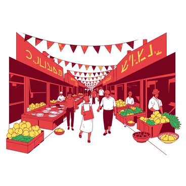 A red market street is filled with vibrant stalls displaying a variety of fresh produce, including bright yellow fruits and green vegetables. Each stall is adorned with colorful handmade goods, such as woven baskets and intricate pottery. People are walking through the market, interacting with vendors and examining the items for sale. Above the stalls, colorful banners are strung across the street, fluttering gently in the breeze. The atmosphere is lively and filled with the sounds of chatter and laughter.