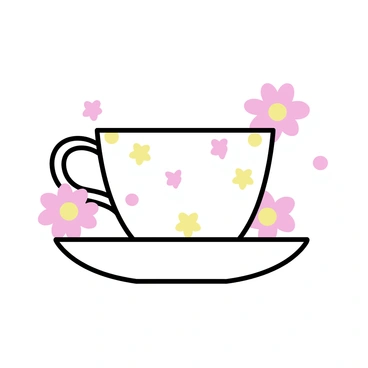 A delicate teacup, featuring a smooth, white porcelain surface adorned with a pattern of tiny "gerbera daisies" in shades of pink and yellow. The teacup has a gently curved handle, complementing its elegant shape. The base of the cup is slightly wider than the rim, showcasing a refined design. The daisies are arranged playfully around the teacup, creating a charming and inviting appearance.